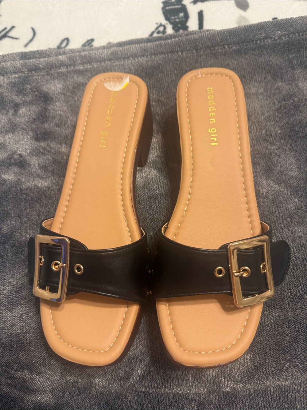 Madden Girl Black Slide Sandals with Gold Buckles